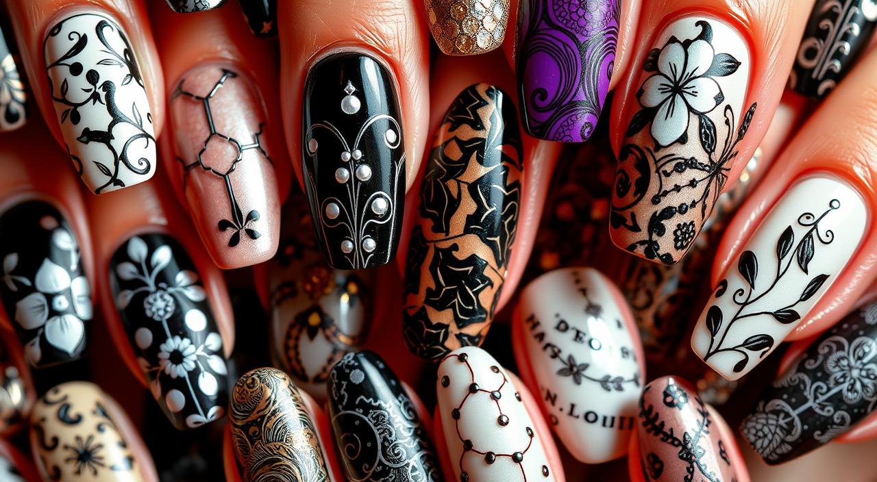 A detailed close-up of intricate nail designs, showcasing the evolution of modern nail art. A diverse array of patterns and textures adorn the nails, ranging from delicate floral motifs to bold geometric shapes and abstract swirls. The nails are arranged in a visually striking composition, highlighting the innovative techniques and craftsmanship of skilled nail artists. Warm, indirect lighting casts subtle shadows, accentuating the depth and dimensionality of the designs. The overall mood is one of elegance, creativity, and a celebration of the dynamic and ever-changing nature of modern fashion.