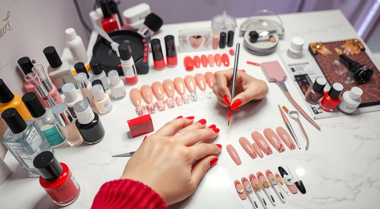 A professional nail technician's workstation with bright studio lighting, capturing the intricate techniques of manicuring and nail art. A variety of nail polish bottles, brushes, and tools are neatly arranged on a clean, white marble surface. In the foreground, a pair of well-manicured hands delicately applying a vibrant red nail polish, creating smooth, even strokes. The middle ground showcases a range of nail designs, from minimalist solid colors to intricate patterns and embellishments. The background features a soft, blurred backdrop, allowing the focus to remain on the meticulous nail work. The overall scene conveys a sense of precision, attention to detail, and the artistry of professional nail care.