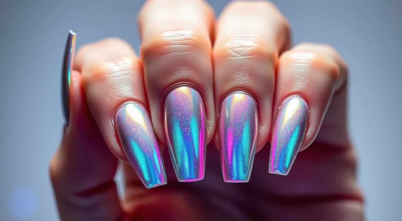 A holographic manicure featuring iridescent nail polish that shimmers and refracts light, creating a mesmerizing and multi-dimensional effect. The nails are adorned with a prismatic, rainbow-like finish that appears to be shifting and changing as the light hits it from different angles. The nails are long, elegantly shaped, and expertly manicured, showcasing the holographic finish to perfection. The lighting is soft and diffused, highlighting the nuanced color play and capturing the sense of otherworldly, futuristic elegance. The overall mood is captivating, futuristic, and utterly enchanting.