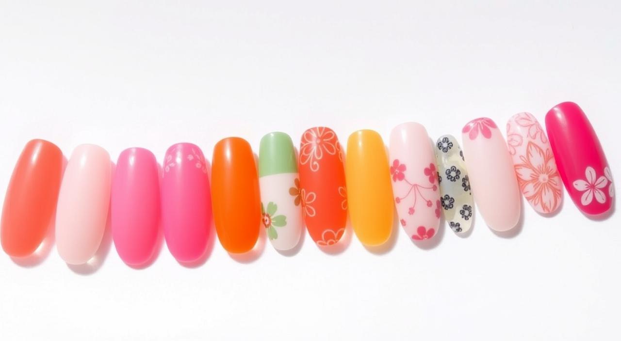 A set of high-quality, colorful press-on nails arranged neatly on a clean, white background. The nails come in a variety of vibrant hues and intricate designs, ranging from bold solids to delicate floral patterns. The nails are displayed in a way that showcases their three-dimensional texture and realistic shine, as if freshly manicured. Soft, diffused lighting from above creates subtle shadows and highlights the nail shapes and cuticles. The composition is balanced and visually appealing, inviting the viewer to imagine how these innovative, hassle-free nail solutions would look on their own hands.