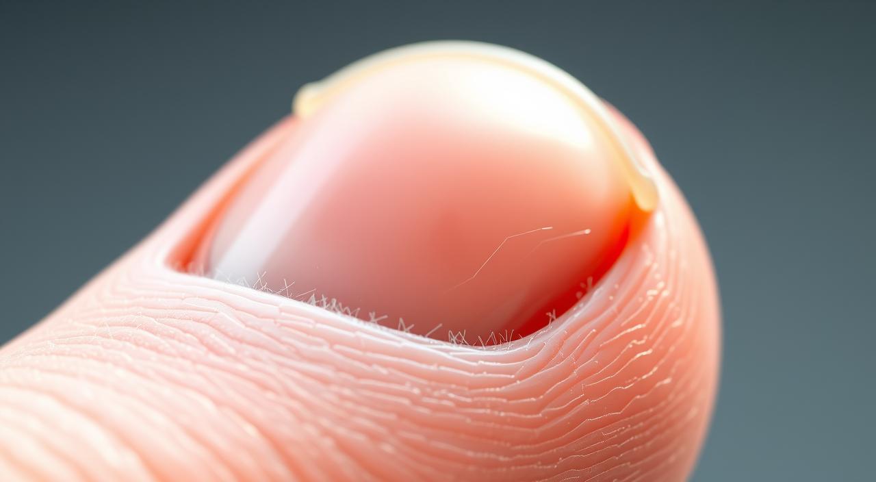 A detailed cross-section of a human fingernail, showcasing its intricate anatomy. The nail bed, matrix, and root are prominently displayed, with fine lines and ridges visible. The image is rendered in a high-resolution, photorealistic style, captured under soft, diffused lighting that accentuates the subtle textures and layers of the nail structure. Viewed from a slight angle, the composition emphasizes the depth and complexity of this essential part of the human body.