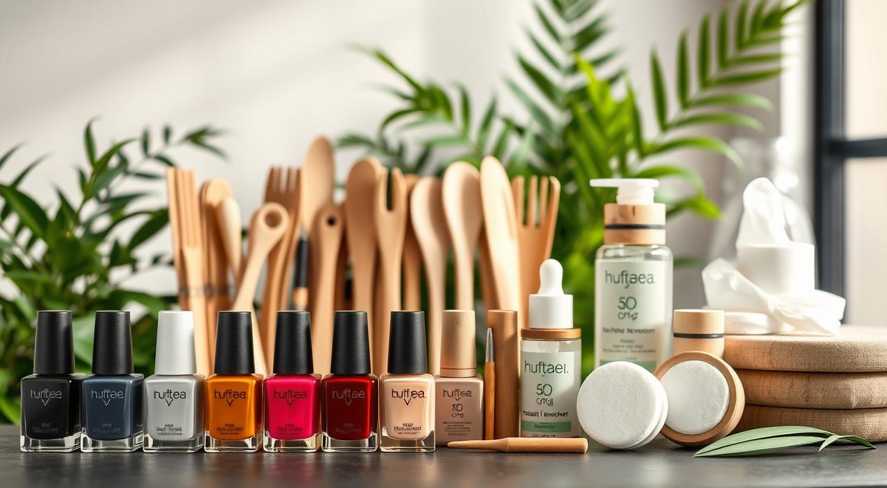 A well-lit studio scene featuring an assortment of sustainable and eco-friendly nail products. In the foreground, a sleek and modern nail polish display showcases a range of natural, plant-based shades in matte and glossy finishes. Behind it, an array of wooden manicure tools, such as nail files and buffers, are neatly arranged. In the middle ground, a selection of reusable, bamboo-based nail polish removers and cotton pads are prominently displayed. The background features lush, verdant plants and natural textures, creating a serene, spa-like atmosphere. Soft, diffused lighting illuminates the scene, emphasizing the natural, sustainable nature of the products. The overall composition conveys a sense of mindfulness, quality, and environmental consciousness.
