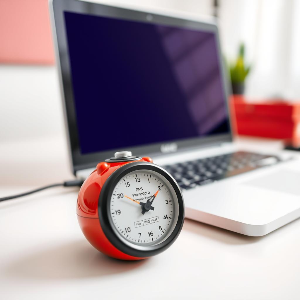 Temporizador Pomodoro sobre un escritorio junto a una computadora portátil durante una sesión de trabajo enfocado