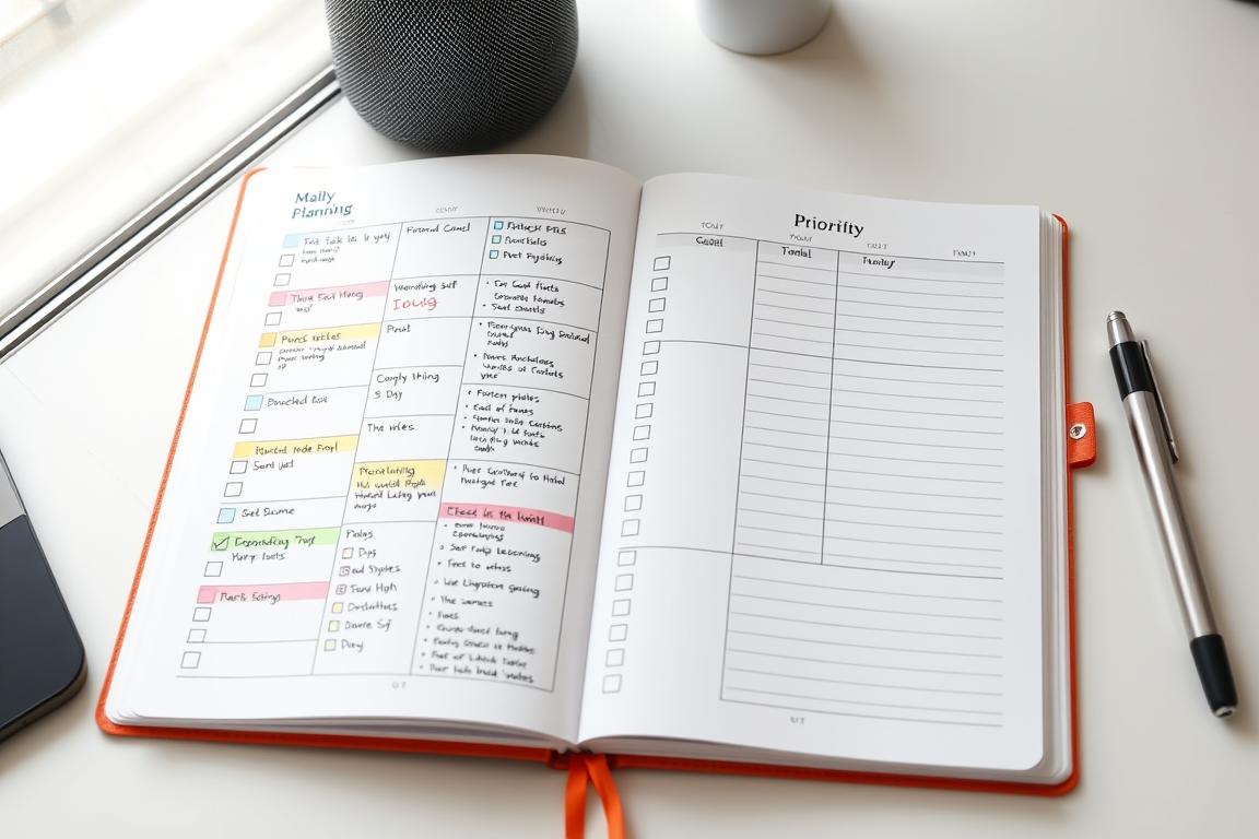 Cuaderno de planificación diaria abierto mostrando un sistema de organización de tareas para una rutina productiva