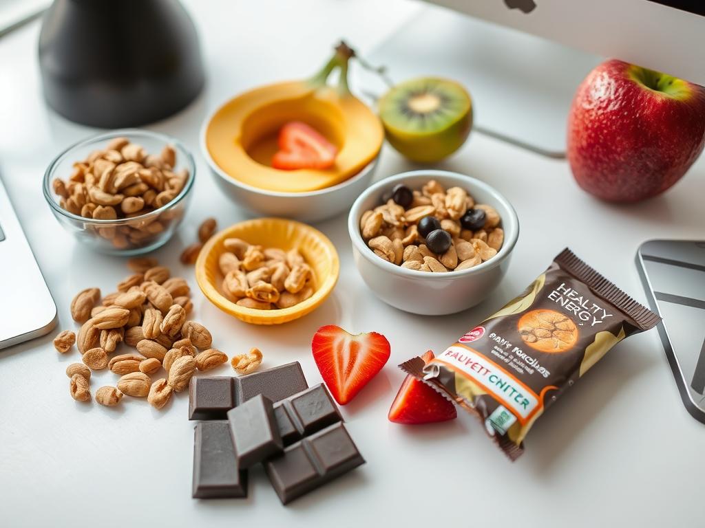 Selección de snacks saludables organizados en un escritorio de trabajo