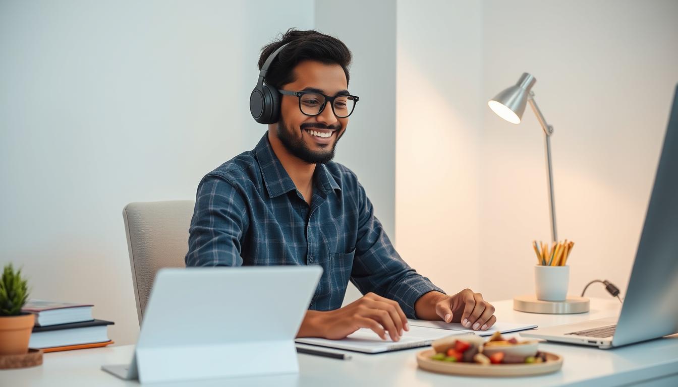 Persona satisfecha trabajando eficientemente con productos para rutina productiva y enfocada