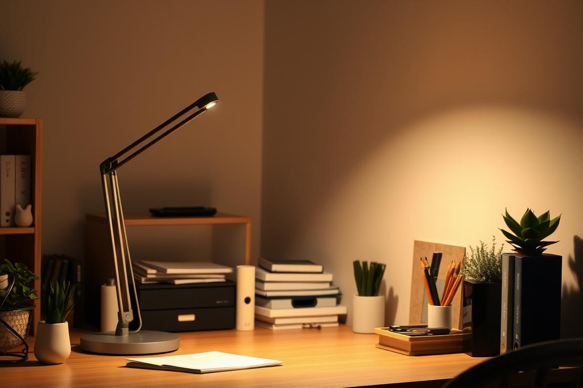 Lámpara de escritorio con luz natural iluminando un espacio de trabajo organizado