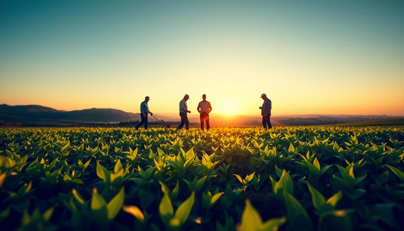 A tranquil landscape showcasing the vibrant prospects of a soil conservation career. In the foreground, a verdant field teeming with lush vegetation, symbolizing the lively future of this profession. In the middle ground, a group of professionals engaged in active conservation efforts, their silhouettes backlit by a warm, golden sunset. The background features rolling hills and a clear, azure sky, conveying a sense of boundless opportunities. The scene is captured through a cinematic wide-angle lens, creating a sense of depth and grandeur. The lighting is soft and diffused, casting a dreamlike, hopeful atmosphere, inviting the viewer to envision their own path in this rewarding field.