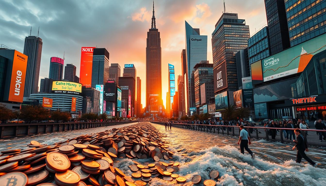 A bustling cityscape with towering skyscrapers and neon lights, showcasing the vibrant and dynamic nature of modern financial opportunities. In the foreground, a multitude of income streams flow like a river, represented by shimmering coins, stocks, and various digital icons. The middle ground features figures hustling and bustling, engaging in diverse entrepreneurial activities, symbolizing the wide array of side gig possibilities. In the background, a warm, golden glow illuminates the scene, conveying a sense of optimism and prosperity. The composition is captured through a wide-angle lens, emphasizing the scale and abundance of these supplementary income avenues available in the current economic landscape.