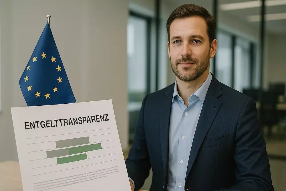 EU-Entgelt-transparenz-richtlinie: Ihre Umsetzungs-hilfe für faire Vergütung Mann steht neben einer Infografik und einer Europaflagge