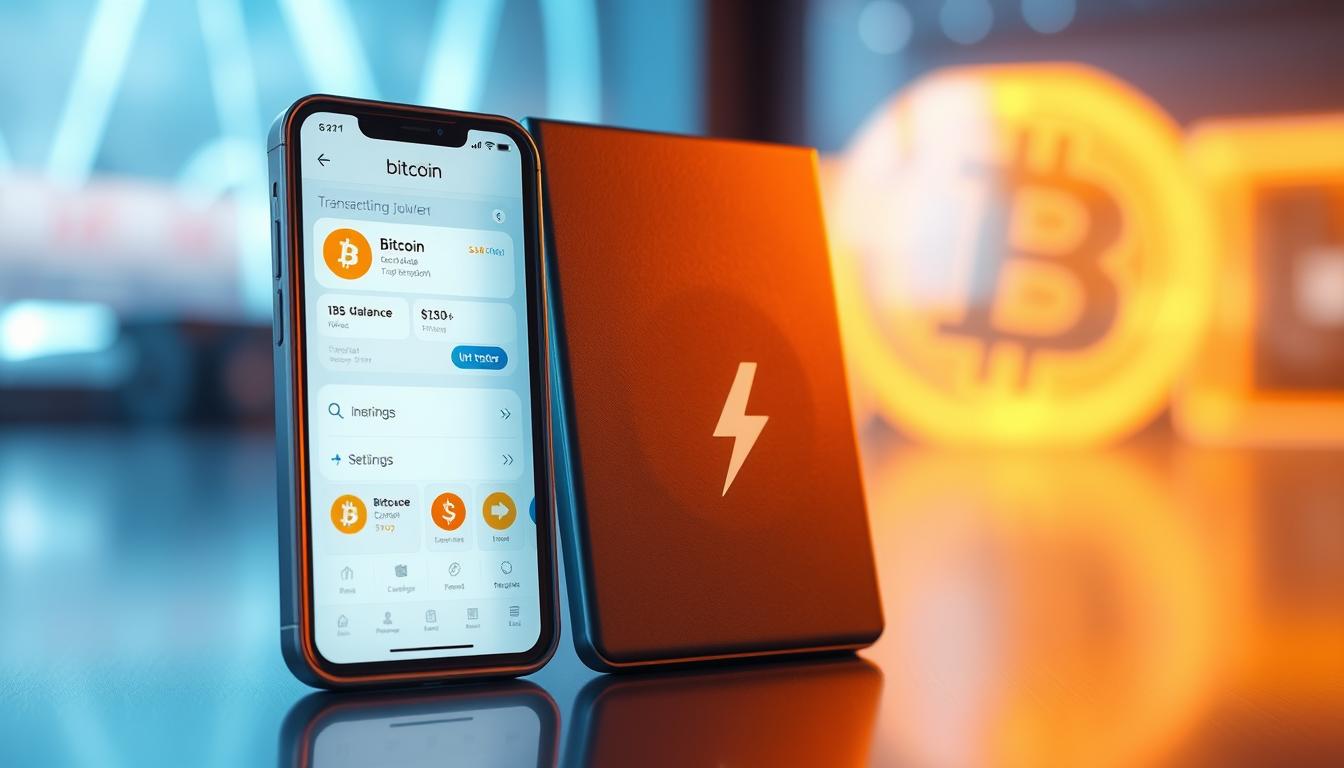 A detailed, realistic rendering of a "bitcoin lightning wallet" device. The foreground depicts the wallet itself, a sleek and modern device with a minimalist design, featuring the "bitcoin lightning wallet" branding prominently displayed. The middle ground showcases the wallet's user interface, with a clean and intuitive layout presenting key details like transaction history, balance, and settings. The background captures a softly lit, futuristic environment, hinting at the wallet's cutting-edge technology and the seamless integration of cryptocurrency into everyday life. Utilize a high-resolution, photorealistic style with precise lighting and depth of field to convey the premium, high-tech nature of the "bitcoin lightning wallet".