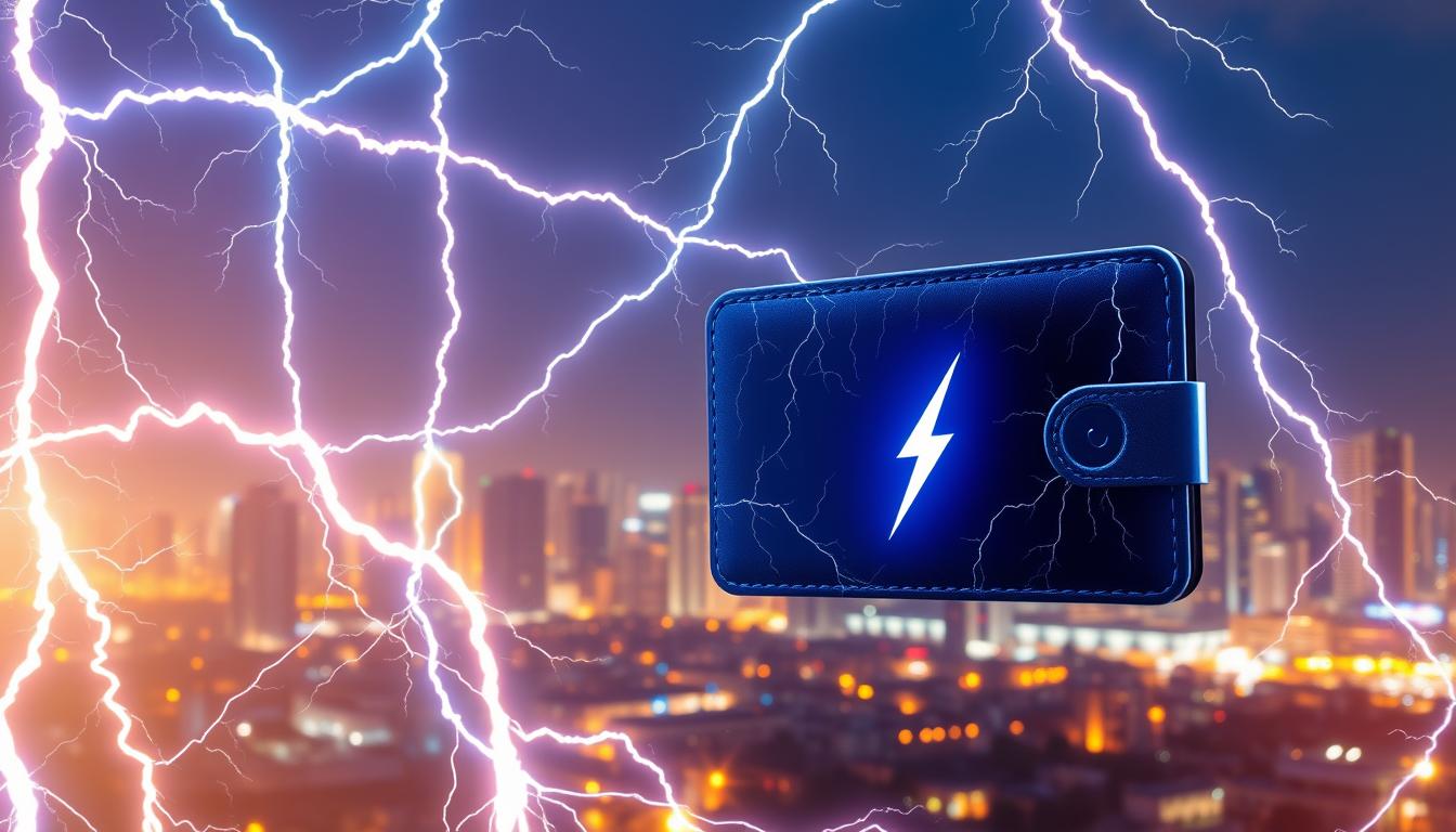 A visually striking depiction of the Bitcoin Lightning Network technology, showcasing its power and potential. In the foreground, a vibrant array of lightning bolts crackle and intertwine, representing the network's instantaneous transactions. In the middle ground, a sleek, minimalist "bitcoin lightning wallet" design emerges, its interface displaying a seamless user experience. The background depicts a cityscape, symbolizing the global reach and interconnectivity of the Lightning Network. The scene is illuminated by a warm, ambient glow, conveying a sense of reliability and security. The overall composition exudes a futuristic, yet grounded aesthetic, capturing the essence of this revolutionary financial technology.