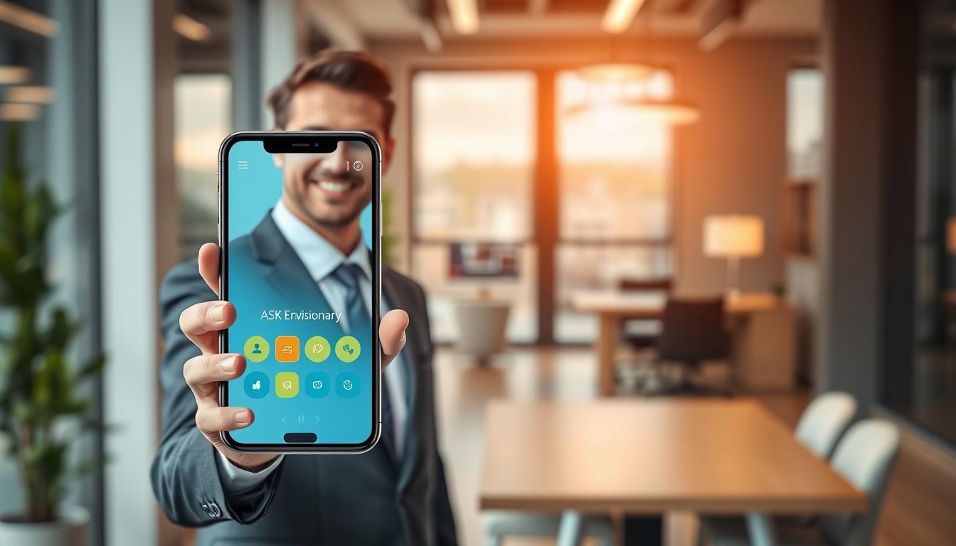 A sleek, modern AI-powered chatbot application interface displayed on a smartphone, with the brand name "ASK Envisionary" prominently featured. In the foreground, the smartphone is held by a professional individual dressed in business attire, showcasing a confident and engaged expression while interacting with the app. The middle layer highlights the app's vibrant and user-friendly interface, featuring sleek buttons and chat graphics that symbolize AI conversation. In the background, a stylish, contemporary office environment is depicted, with soft lighting that creates an inviting atmosphere. The overall mood is professional and futuristic, with a depth of field effect focusing on the smartphone, while the office fades gently into the background, enhancing the visual impact of the chatbot app.