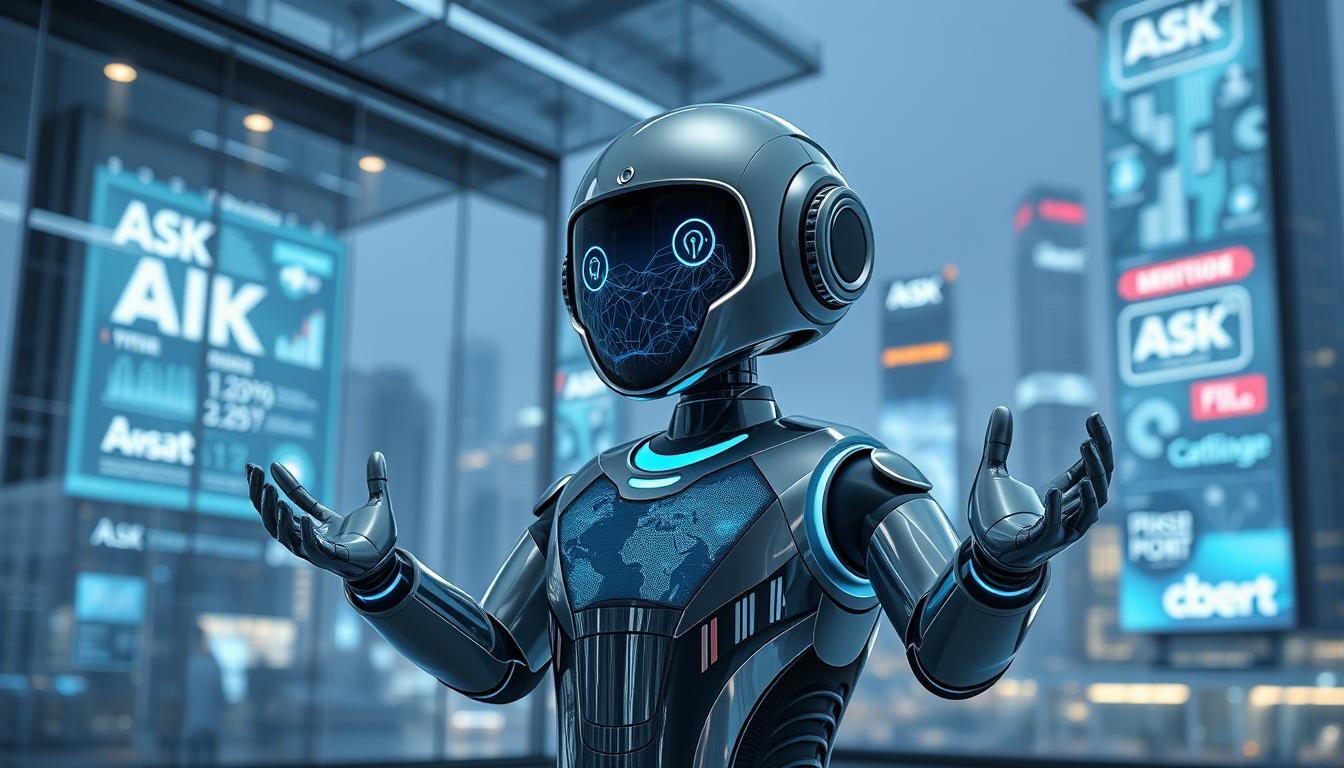 A sleek, futuristic intelligent chatbot, designed with a glossy, metallic exterior resembling a humanoid figure. Its face is a seamless screen displaying fluid, dynamic patterns of light, conveying intelligence and engagement. In the foreground, the chatbot stands with its arms subtly raised, demonstrating a welcoming demeanor. The middle ground features a high-tech office environment filled with translucent screens displaying data analytics and user interactions. The background showcases a city skyline with digital billboards promoting AI technology. The scene is illuminated with soft, ambient lighting, reflecting a sense of innovation and advancement. This vision embodies the essence of the "ASK Envisionary" brand, showcasing the evolution of AI chatbots in 2023 with a professional and inspiring atmosphere.