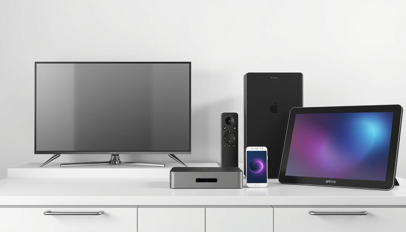 A well-lit, high-resolution, 3D illustration showcasing a variety of compatible IPTV devices neatly arranged on a minimalist table against a clean, light-colored background. The devices should include a smart TV, a set-top box, a smartphone, and a tablet, all depicted with intricate details and realistic textures. The composition should emphasize the diversity and versatility of the IPTV ecosystem, conveying a sense of seamless integration and connectivity.