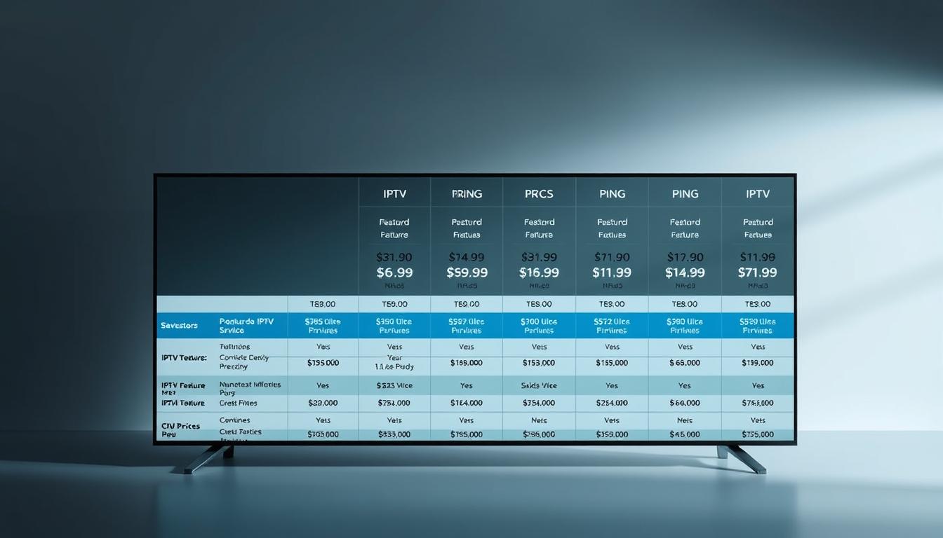 A modern, clean, and visually appealing comparison of IPTV pricing and plans in Portugal. In the foreground, a sleek grid layout displays various IPTV service options, with clear pricing, feature breakdowns, and subscription durations. The middle ground features a subtle background grid or graph, hinting at data and analytics. The overall composition is balanced, with a professional and minimalist aesthetic, conveying a sense of clarity and organization. Lighting is soft and diffused, creating a sense of depth and dimension. The color palette is muted, with accents of blues and grays, complementing the subject matter. The mood is informative and authoritative, helping the viewer easily digest the comparative IPTV information.