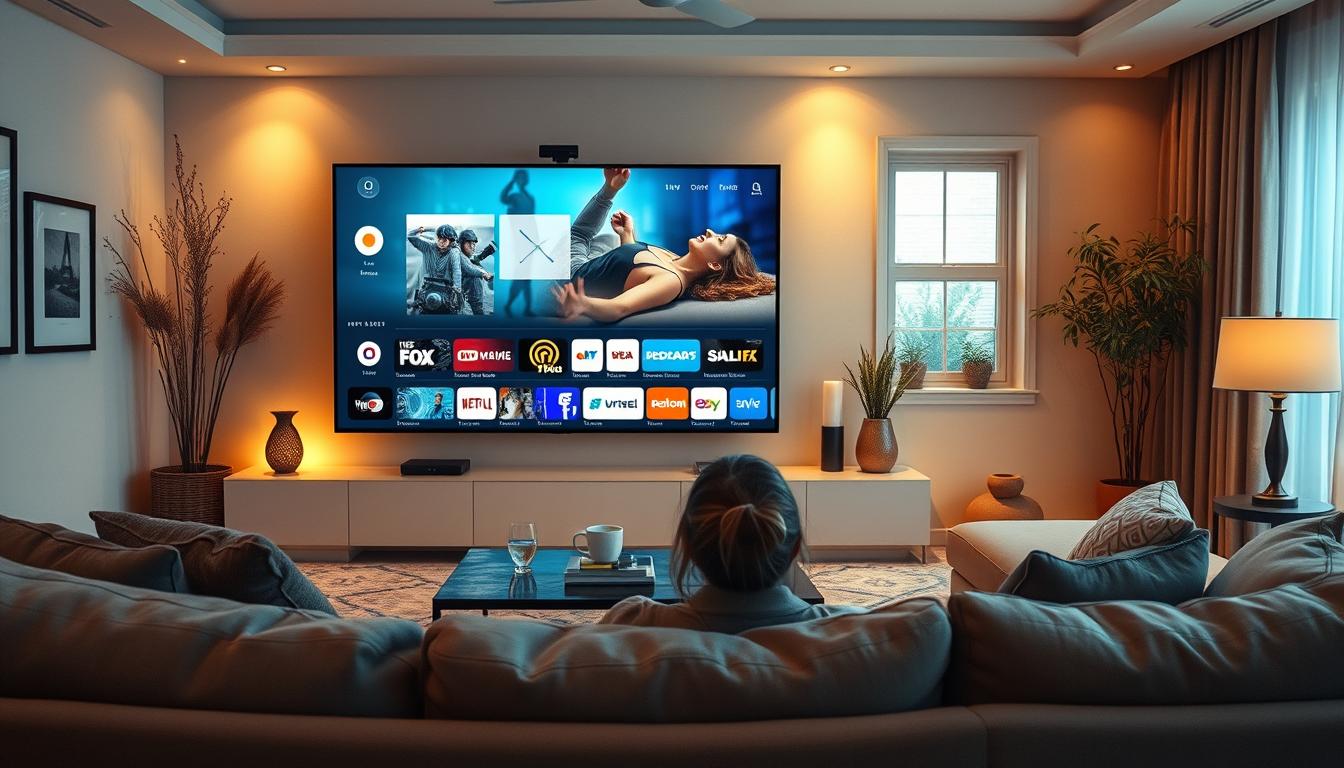 A cozy living room with a large screen displaying the IPTV interface, surrounded by comfortable furniture and warm lighting. In the foreground, a person relaxing on a plush sofa, enjoying the seamless streaming experience. The room is tastefully decorated with minimalist decor, creating a modern and inviting atmosphere. The IPTV display showcases a variety of content options, highlighting the convenience and versatility of the service. The overall scene conveys the advantages of IPTV, such as high-quality video, extensive channel selection, and the comfort of in-home entertainment.