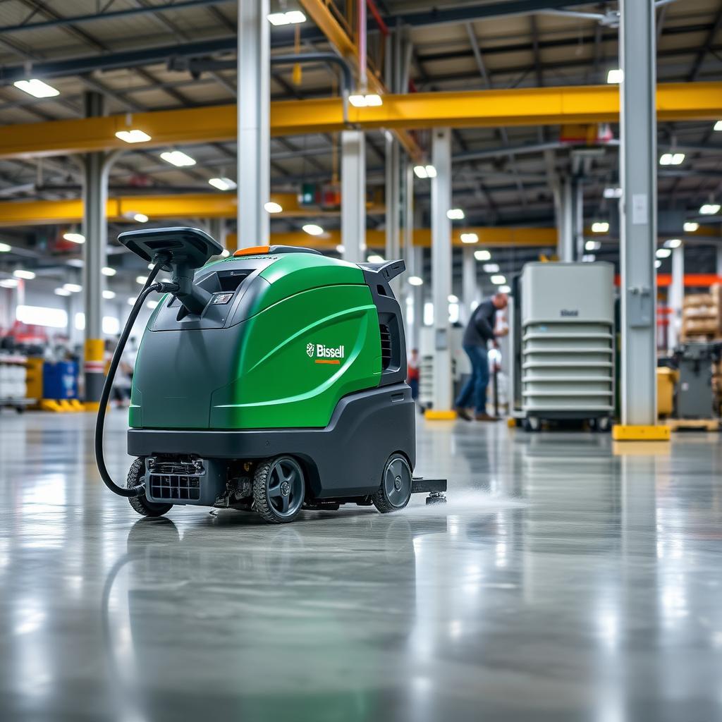 Generate an image of the Bissell BigGreen Commercial PowerSteamer BGST1566 in use on factory floors.