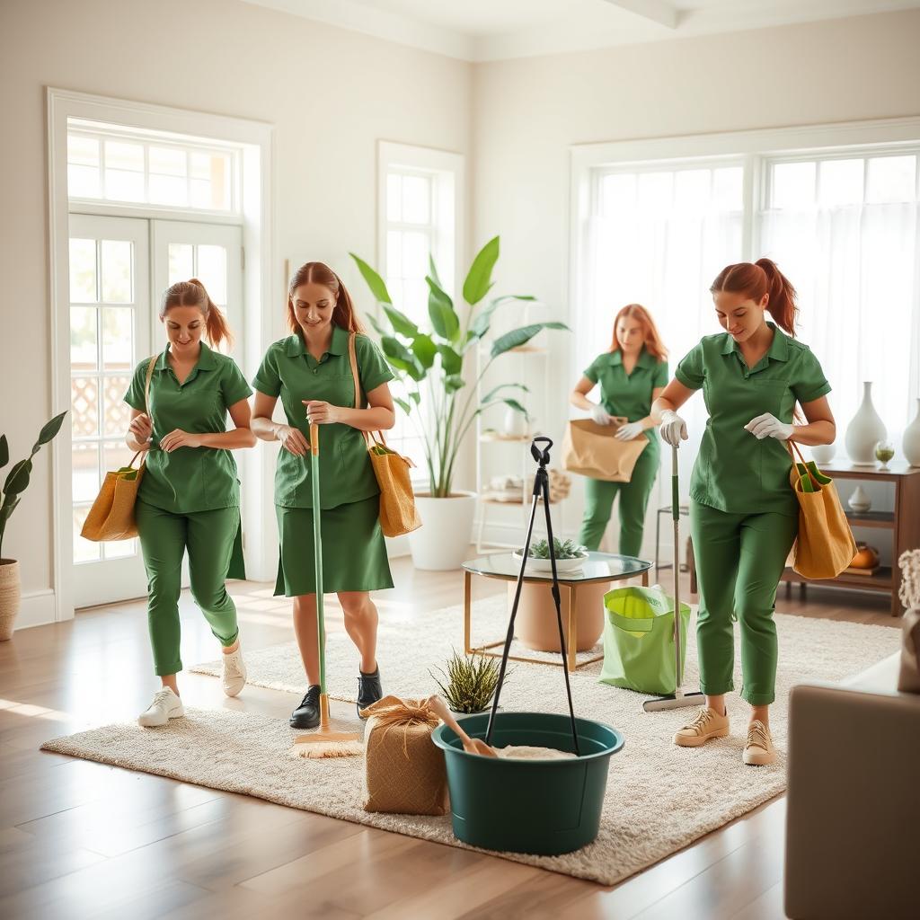 A team of eco-friendly cleaners wearing green uniforms and carrying natural cleaning supplies, working together to deep clean a bright, spacious living room. The soft lighting from large windows highlights their efficient movements as they scrub, wipe, and tidy the room using sustainable methods. In the background, a potted plant and recycled decorative items create a refreshing, natural ambiance. This is the "Bell's Organic Maids" team, a professional home cleaning service in Winter Park, FL, dedicated to providing thorough, environmentally-conscious cleaning solutions.