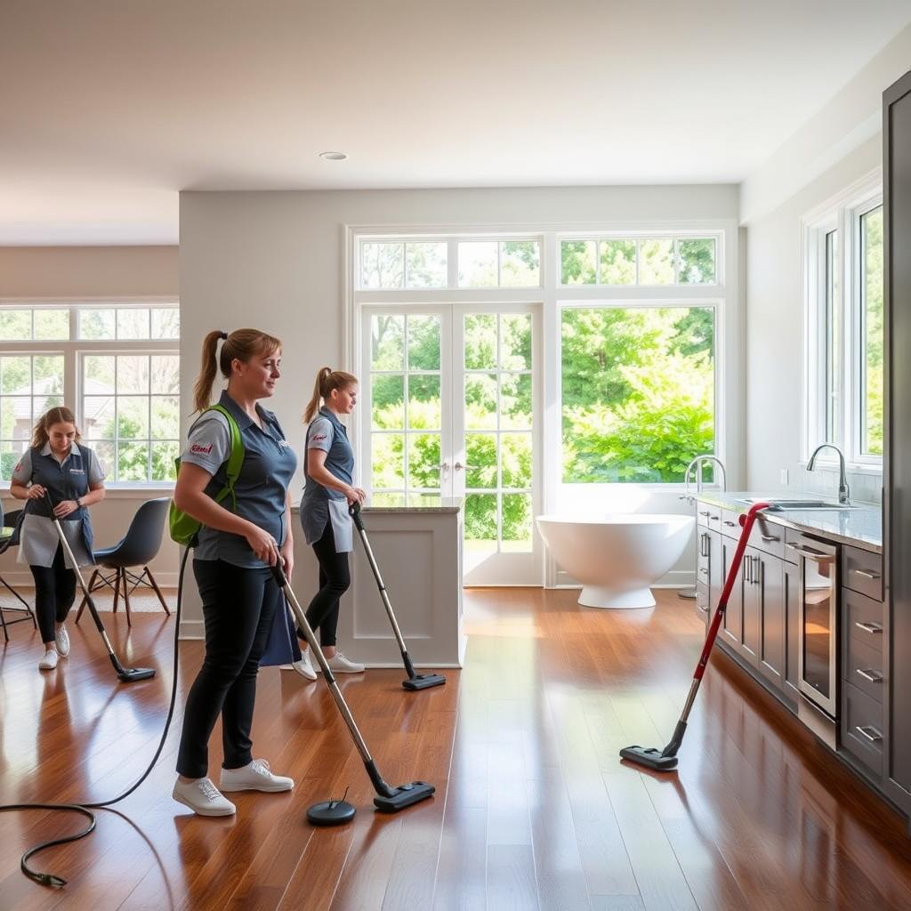 A spacious, well-lit residential interior with hardwood floors and natural light streaming through large windows. In the foreground, a team of professional cleaners from Bell's Organic Maids wearing crisp uniforms and carrying cleaning supplies. They are meticulously dusting, vacuuming, and wiping down surfaces with a focused, efficient demeanor. The middle ground showcases a gleaming kitchen and bathroom, their surfaces spotless and shining. In the background, a lush, verdant garden is visible through the windows, creating a serene, natural ambiance. The overall scene conveys a sense of order, cleanliness, and the reliable, high-quality service offered by Bell's Organic Maids.