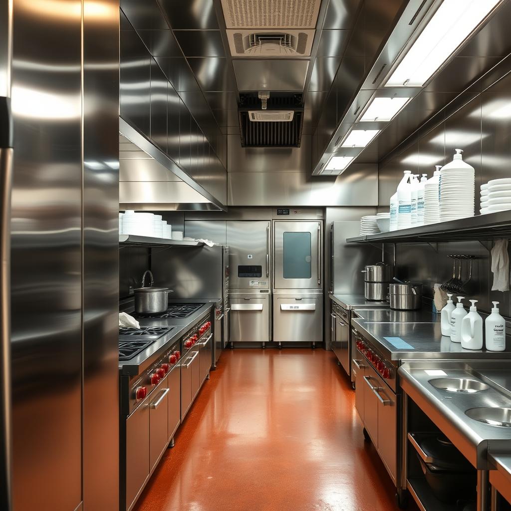 A professional commercial kitchen filled with gleaming stainless steel appliances, sparkling clean countertops, and the fresh aroma of disinfectants. Bell's Organic Maids team meticulously scrubs every nook and cranny, removing grease and grime from hidden surfaces. Bright task lighting illuminates their thorough work, ensuring no detail is missed. Industrial-grade cleaning solutions cut through the toughest buildup, leaving a pristine, sanitary environment. The kitchen emanates a sense of order and hygiene, creating a lasting impression of quality and care for customers. Efficient floor-to-ceiling cleaning practices maintain a spotless, restaurant-ready kitchen.