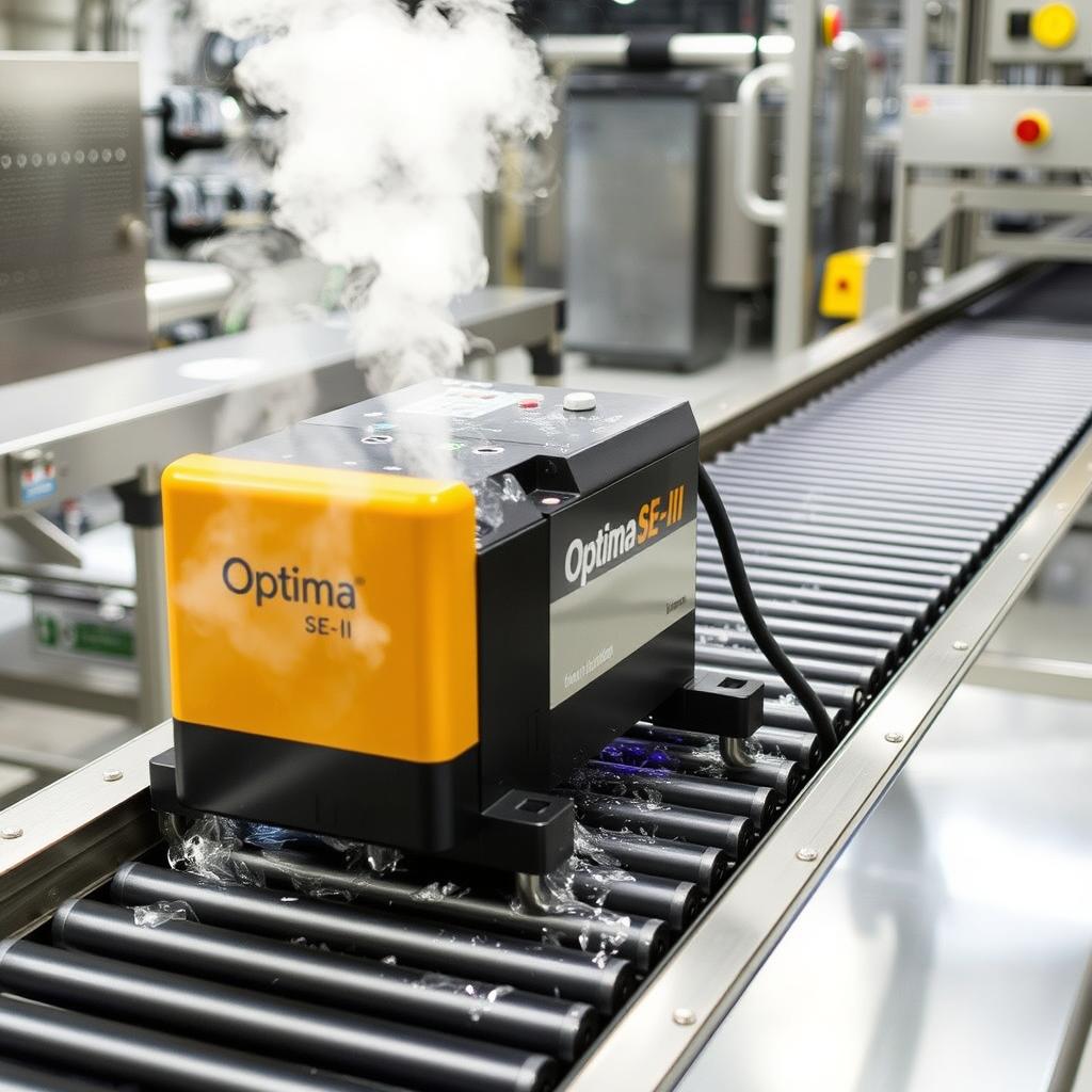 Generate an image of the Optima SE-II Steamer in use for conveyor belt cleaning.