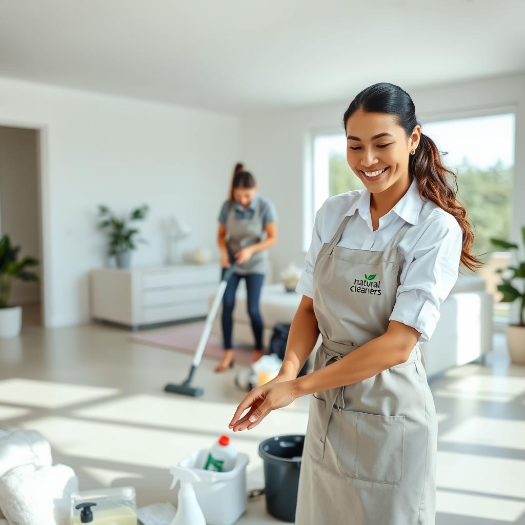 A bright, airy space with a team of uniformed Natural Cleaners professionals expertly tidying up a spotless home interior. In the foreground, a cheerful woman in a crisp white shirt and apron carefully arranges cleaning supplies. In the middle ground, two colleagues vacuum and dust with focused efficiency. The background features a minimalist living room with large windows, allowing natural light to fill the space. An atmosphere of calm and organization pervades the scene, conveying the stress-free experience of Natural Cleaners' move-in/out and special occasion cleaning services.