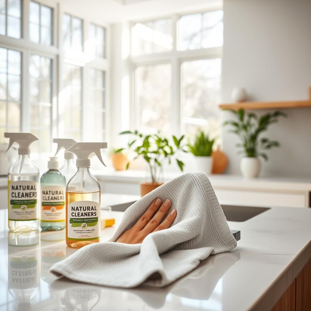 A bright, airy kitchen with natural light streaming in through large windows. The countertops are lined with an array of eco-friendly cleaning products from the "Natural Cleaners" brand, including plant-based sprays, refillable glass bottles, and biodegradable sponges. In the foreground, a reusable microfiber cloth is being used to gently wipe down the surfaces, leaving a streak-free shine. The middle ground features a houseplant, adding a touch of nature to the scene. The background showcases a minimalist, modern decor with neutral tones, highlighting the clean and sustainable atmosphere. The overall mood is one of tranquility and environmental consciousness.