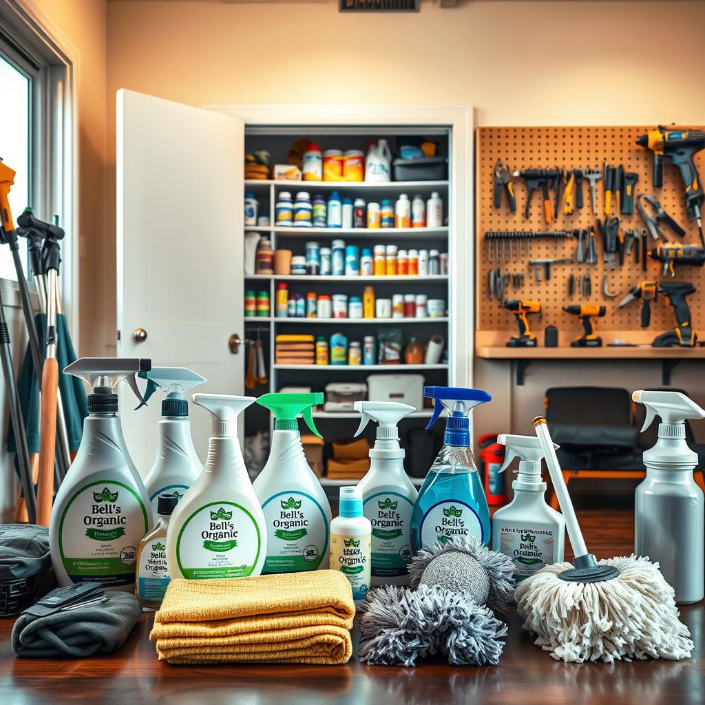 A meticulously lit, high-resolution interior scene showcasing a wide range of customizable home maintenance solutions. In the foreground, a variety of cleaning tools and products from Bell's Organic Maids are neatly arranged, including natural, eco-friendly cleaning agents, microfiber cloths, and ergonomic dusters. The middle ground features a well-organized utility closet with shelves stocked with an assortment of home repair items like caulk, sealants, and DIY kits. In the background, a fully equipped workbench with power tools and a pegboard of hand tools suggests a versatile, well-equipped home maintenance space. The lighting is warm and inviting, creating a sense of comfort and efficiency.