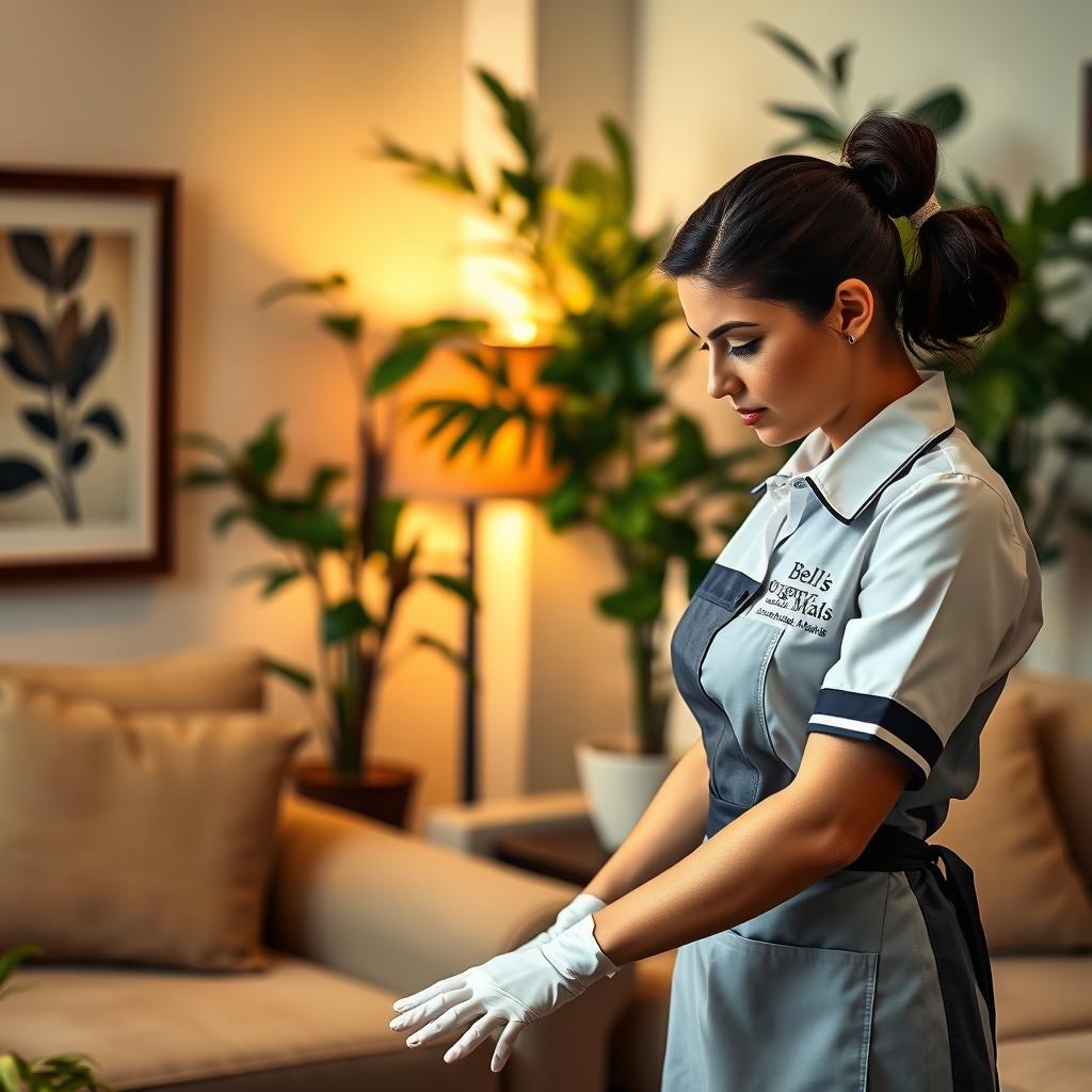 A cozy home interior with a professional maid from Bell's Organic Maids carefully inspecting the cleanliness of a living room. Soft, warm lighting illuminates the scene, capturing the maid's attention to detail as she examines the surfaces and furnishings. In the background, lush houseplants and framed artwork create a welcoming, homely atmosphere. The maid's uniform is crisp and pristine, reflecting the high standards of quality assurance that Bell's Organic Maids is committed to. The overall mood conveys a sense of trust, reliability, and the promise of a thoroughly cleaned, healthy home environment.