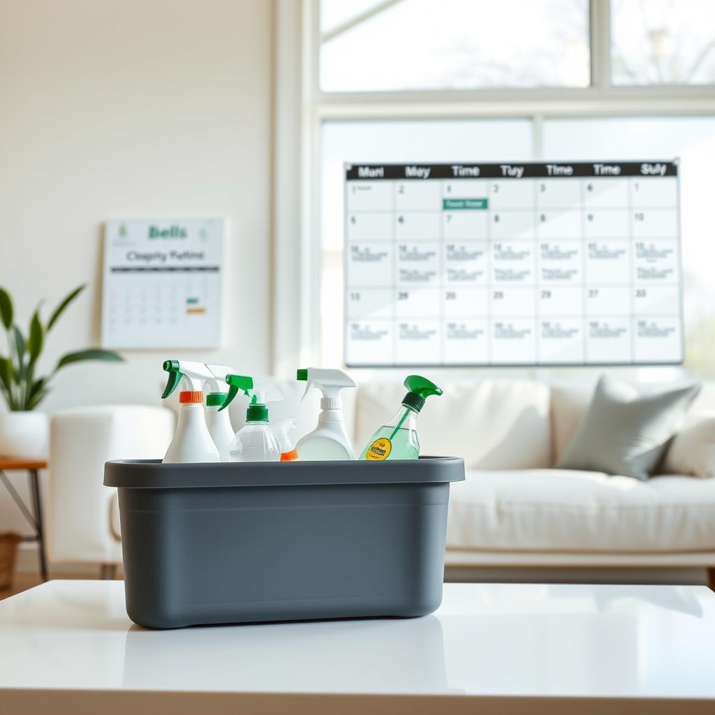 A bright, airy home interior with a sense of flexibility and organization. In the foreground, a clean, well-stocked cleaning caddy sits on a sleek, modern coffee table, conveying the ease and convenience of Bell's Organic Maids' services. The middle ground showcases a calendar with various time slots and schedules, hinting at the customizable cleaning options. The background depicts a large window, allowing natural light to flood the space and create a serene, inviting atmosphere. The overall composition suggests a harmonious balance between a tidy home and a flexible cleaning routine.
