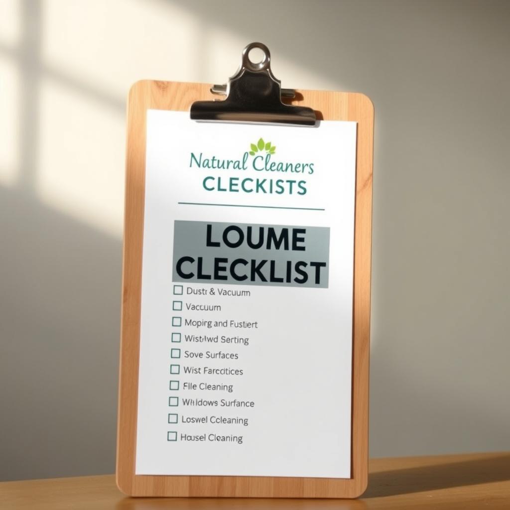 A clean, well-organized home cleaning checklist on a wooden clipboard, with the "Natural Cleaners" branding prominently displayed. The checklist features various household tasks such as dusting, vacuuming, mopping, and wiping down surfaces, with checkboxes next to each item. The checklist is set against a neutral, slightly blurred background, creating a sense of focus and professionalism. The lighting is soft and natural, accentuating the details of the clipboard and the checklist. The overall mood is one of efficiency, attention to detail, and a commitment to providing a comprehensive house cleaning process.