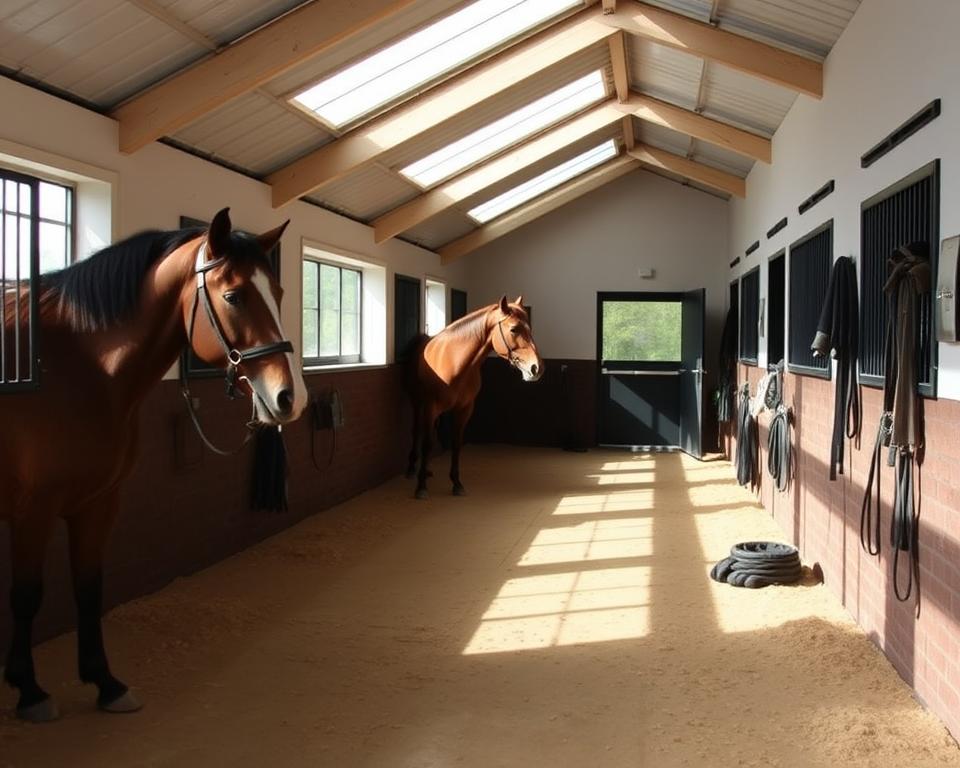 A well-maintained horse stable with proper ventilation and clean bedding