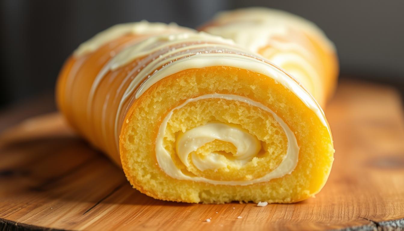 A freshly baked lemon swiss roll, its golden sponge cake gently coiled and filled with a vibrant lemon-infused buttercream. The roll is presented on a rustic wooden surface, bathed in soft, natural lighting that accentuates the delicate texture of the cake and the glossy sheen of the frosting. The scene exudes a homey, inviting atmosphere, capturing the essence of a well-crafted, bakery-style lemon roll cake.
