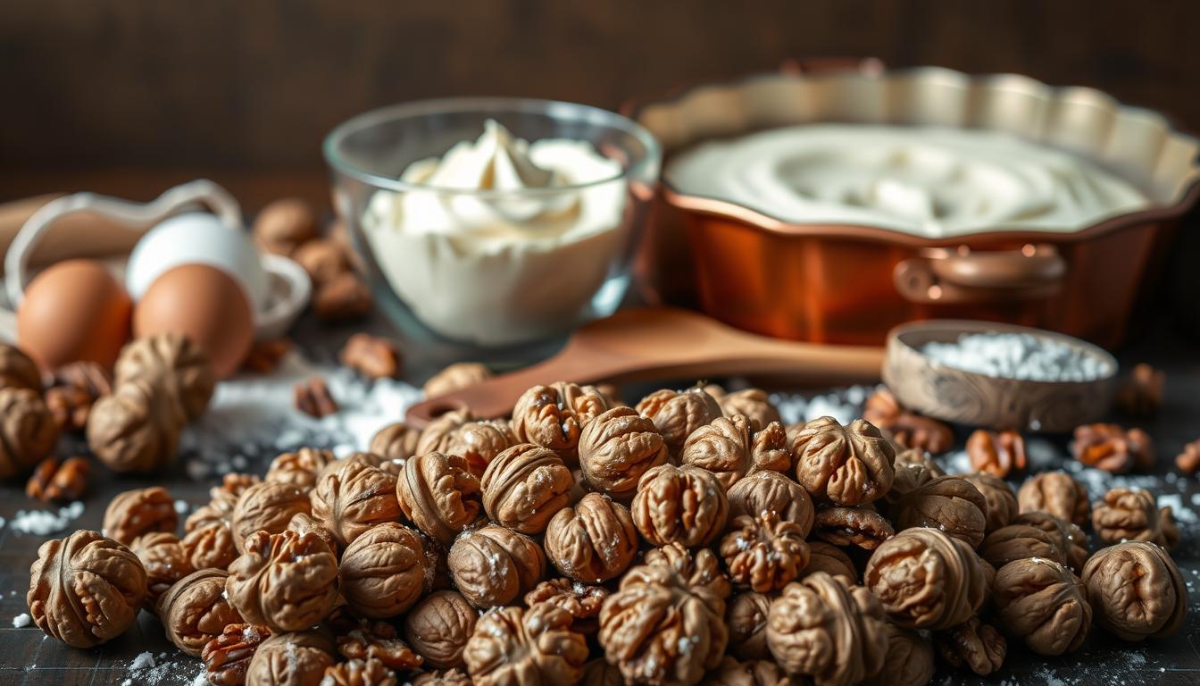 A meticulously arranged still life showcasing the essential ingredients for a mouthwatering walnut cake. In the foreground, a pile of freshly shelled walnuts, their rich brown hues and intricate textures capturing the eye. Surrounding them, a scattering of flour, eggs, and a wooden spoon, hinting at the baking process to come. In the middle ground, a glass bowl filled with creamy buttercream, ready to be whipped into a silky frosting. In the background, a vintage cake tin, its copper tones glowing under the warm, soft lighting, setting the stage for the decadent creation. An elegant and appetizing scene, inviting the viewer to imagine the rich, nutty flavor and satisfying texture of the perfect walnut cake.