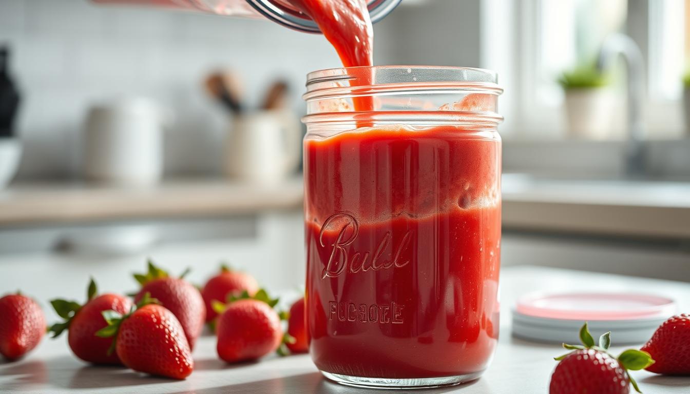 Fresh strawberry puree being poured into a glass jar