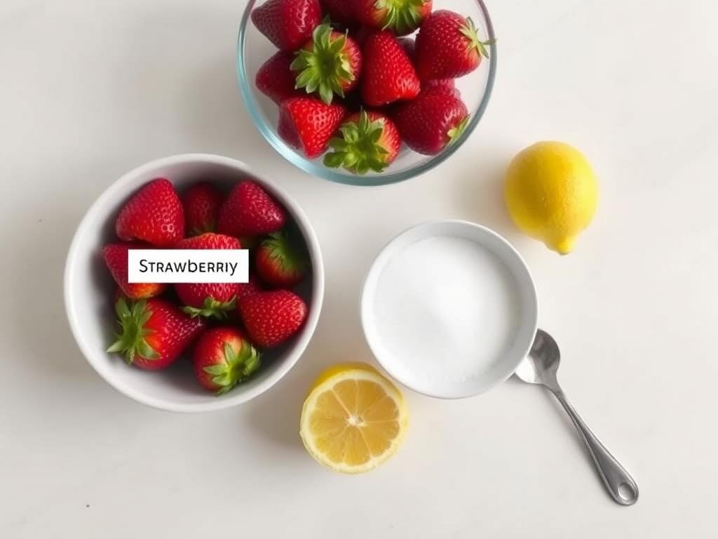 Ingredients for strawberry puree laid out on a countertop