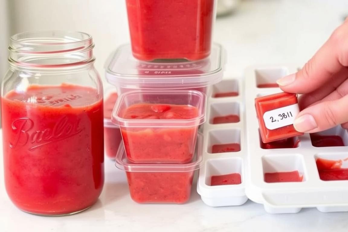 Strawberry puree being stored in various containers