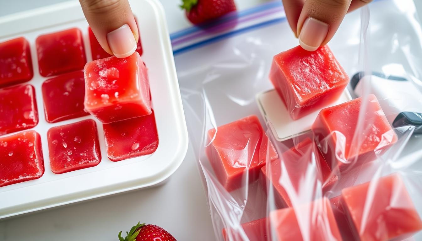 Frozen strawberry puree cubes being removed from an ice cube tray