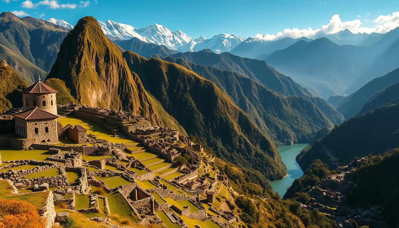 A majestic landscape of the Inca's sacred Heiliges Tal in Peru. In the foreground, intricate stone terraces and ruins of ancient temples cling to the verdant slopes, their timeworn facades bathed in warm, golden sunlight. The middle ground reveals a winding river cutting through the rugged terrain, its turquoise waters reflecting the towering snow-capped peaks in the distance. Dense cloud forests and lush vegetation fill the background, creating an atmosphere of mystical tranquility. Capture the reverence and cultural significance of this breathtaking Inca heartland, framed by dramatic Andean peaks under a vast, azure sky.