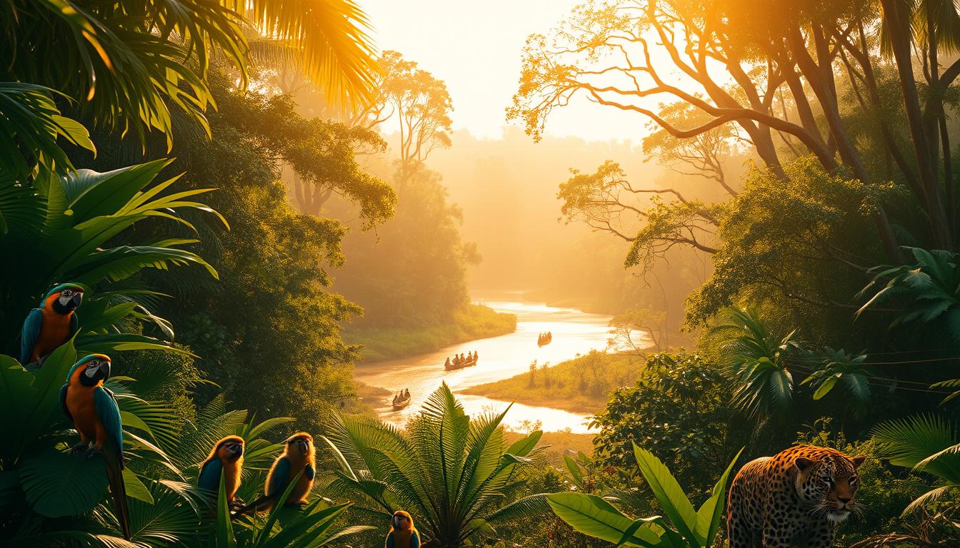 A lush, verdant Amazon rainforest scene, bathed in warm, golden sunlight filtering through the dense canopy. In the foreground, a vibrant array of exotic flora and fauna come to life - colorful parrots, playful monkeys, and a majestic jaguar prowling through the underbrush. The middle ground reveals a winding river, its waters shimmering as traditional dugout canoes navigate its tranquil flow. In the distance, the towering silhouettes of ancient trees reach skyward, their branches providing a home for a diverse ecosystem of birds, insects, and other creatures. An atmosphere of natural wonder and adventure pervades the scene, inviting the viewer to immerse themselves in the captivating Amazonas tierwelt.