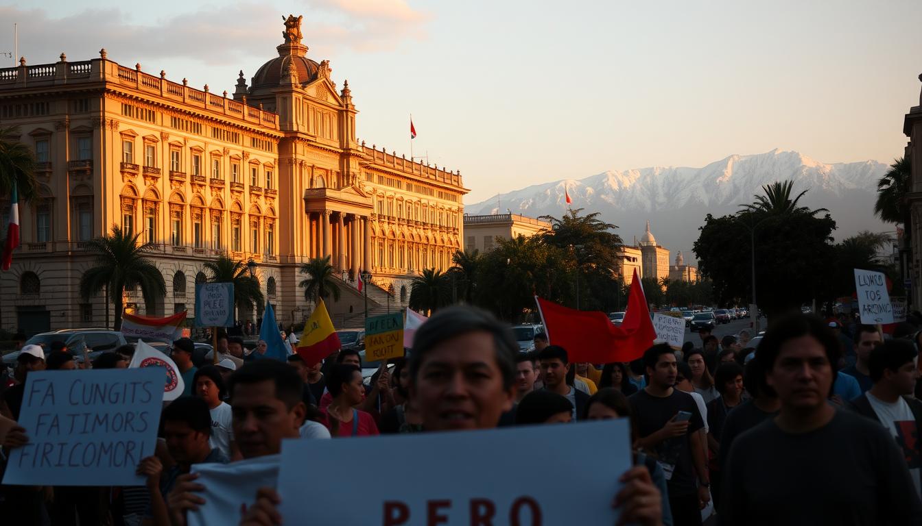A grand colonial-era palace, its ornate facade bathed in the warm glow of the setting sun over the bustling streets of Lima, Peru. In the foreground, a crowd of protesters holding signs and banners, their faces etched with determination, as they march against the authoritarian rule of President Alberto Fujimori. In the distance, the iconic Andes mountains rise, their snow-capped peaks a silent witness to the turbulent history unfolding below. The scene captures the tension and drama of the Fujimori era, a time of both progress and repression, as the nation grapples with the legacy of a complex and controversial leader.