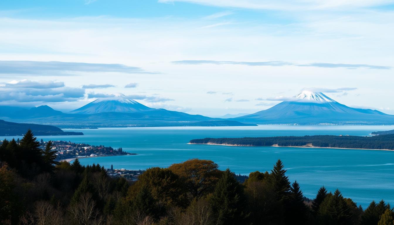 Ein Bild von Puerto Varas mit Blick auf den Llanquihue-See und die Vulkane Osorno und Calbuco.