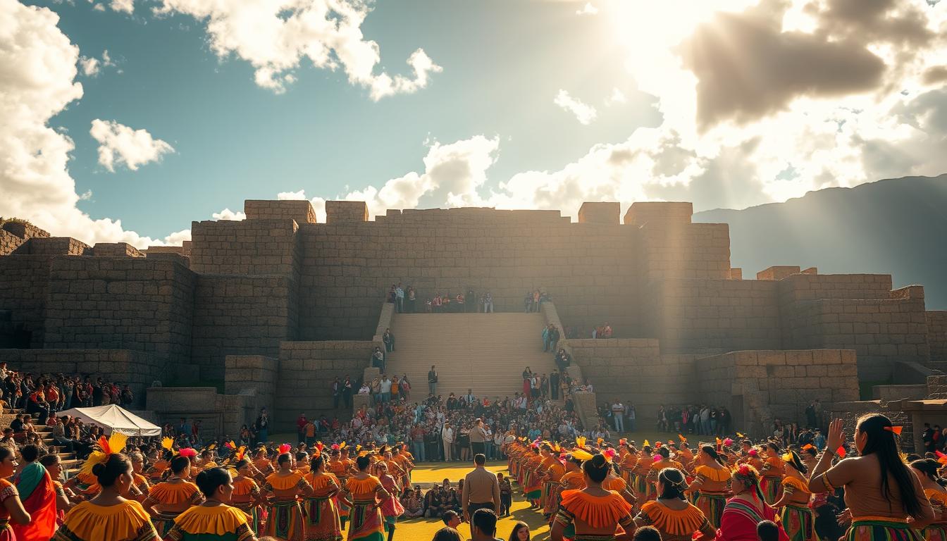 Inti Raymi, the vibrant Inca sun festival, unfolds amidst the grand ruins of Sacsayhuamán. The majestic stone fortress, built with massive interlocking blocks, stands tall as the backdrop. In the foreground, a sea of colorfully dressed performers sway and dance, their movements reflecting the rhythm of ancient Andean music. Sunlight filters through the clouds, casting a warm, golden glow over the scene. In the middle ground, crowds of spectators gather, their faces alive with wonder and reverence. The atmosphere is one of celebration, spirituality, and connection to the ancestral Inca traditions. The overall composition captures the grandeur, culture, and timeless allure of this captivating Peruvian festival.