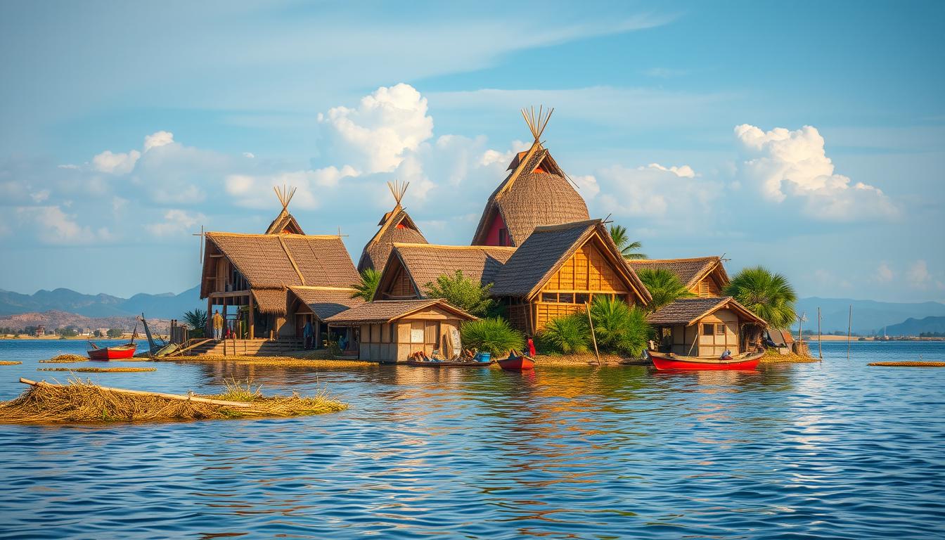 Generiere ein Bild von den schwimmenden Inseln der Uros