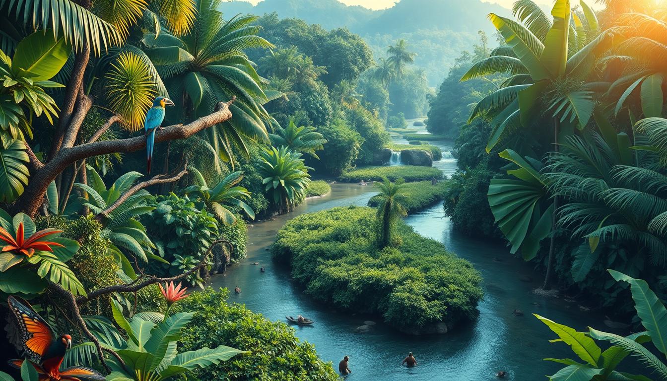 Generate an image of a lush Amazonian rainforest with a winding river and exotic wildlife.