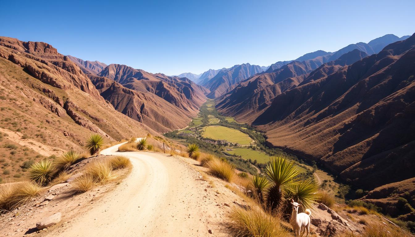 A sweeping panorama of the majestic Colca Canyon, its dramatic cliffs and rugged terrain bathed in warm, golden light. In the foreground, a winding dirt path leads the viewer into the scene, inviting exploration. Lush greenery and the occasional stray llama dot the middle ground, hinting at the vibrant local culture. In the distance, the canyon's iconic peaks rise up towards a cloudless, azure sky, captured through a wide-angle lens to emphasize the vastness of the landscape. This evocative scene perfectly captures the sense of adventure and natural wonder that await the intrepid traveler planning a visit to this extraordinary Peruvian destination.