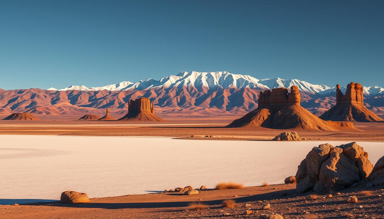 A majestic landscape of Chile's northern wonders. In the foreground, the iconic Salar de Atacama, a vast salt flat reflecting the azure sky. In the middle ground, the towering Andes mountains, their snow-capped peaks piercing the horizon. Scattered across the scene, ancient rock formations and geological marvels, sculpted by the elements over centuries. Warm desert light bathes the scene, casting long shadows and imbuing the image with a sense of timeless grandeur. The composition captures the awe-inspiring scale and diversity of Chile's northern attractions, inviting the viewer to explore this captivating region.