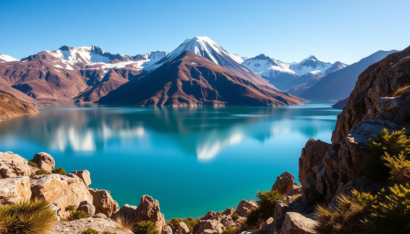 A pristine, high-altitude lake nestled amidst the snow-capped peaks of the Andes mountains, Laguna Verde shimmers in vibrant shades of turquoise and emerald. Captured under the warm glow of the afternoon sun, the serene waters reflect the majestic surrounding landscape, including the towering volcanic cone of Cerro Bayo. In the foreground, rugged rock formations and lush alpine vegetation frame the tranquil scene, creating a sense of balance and harmony. The overall mood is one of peaceful solitude, inviting the viewer to imagine the tranquil experience of visiting this remote, picturesque location during the best time of year for an Andean mountain ascent.