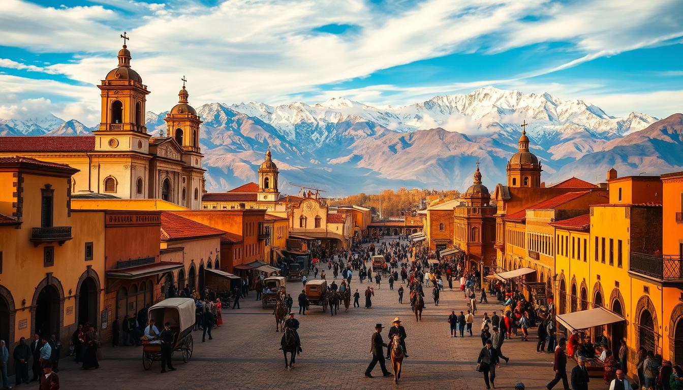 A sweeping landscape of 19th century Peru, bathed in warm, golden light. In the foreground, adobe buildings and cobblestone streets teeming with horse-drawn carriages, merchants, and citizens in traditional dress. Towering, snow-capped Andean peaks rise majestically in the distance, framed by a vibrant, azure sky. Ornate Catholic cathedrals and government buildings stand as testaments to the nation's colonial history, while the bustling marketplace reflects the burgeoning mercantile economy. An aura of progress and industrialization permeates the scene, hinting at the transformative changes sweeping across Peru during this pivotal era.